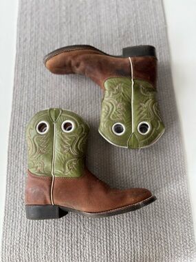 Justin Sage Green Brown Leather Western Square Toe Cowboy Festival Boots 5D or 7